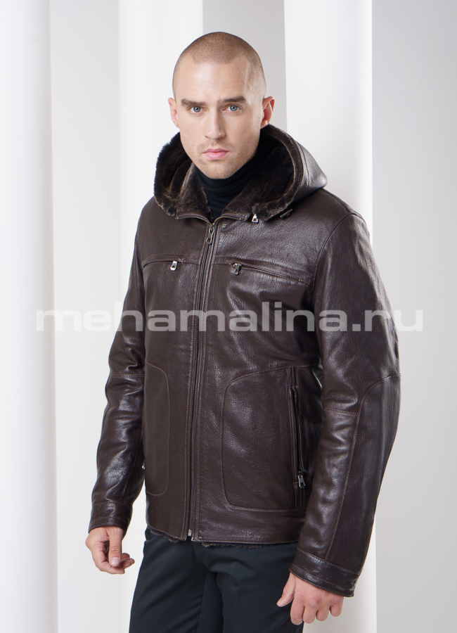 Дубленка с капюшоном, цвет коричневый модель № DM-76 меха малина