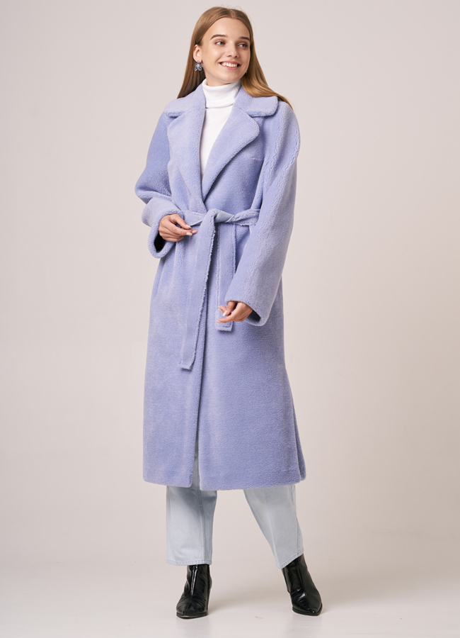 Шуба из эко меха с поясом голубого цвета модель № 2030 универмаг малина