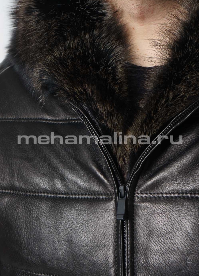 Кожаный пуховик черного цвета с капюшоном модель № KP-232 в рассрочку
