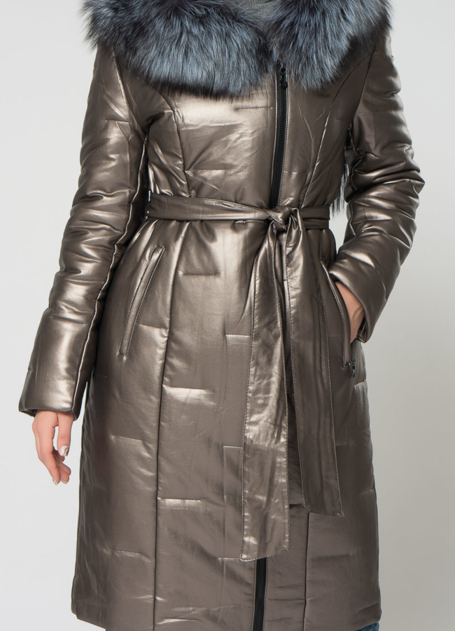 Пуховик из эко кожи с чернобуркой модель № 22122 универмаг малина