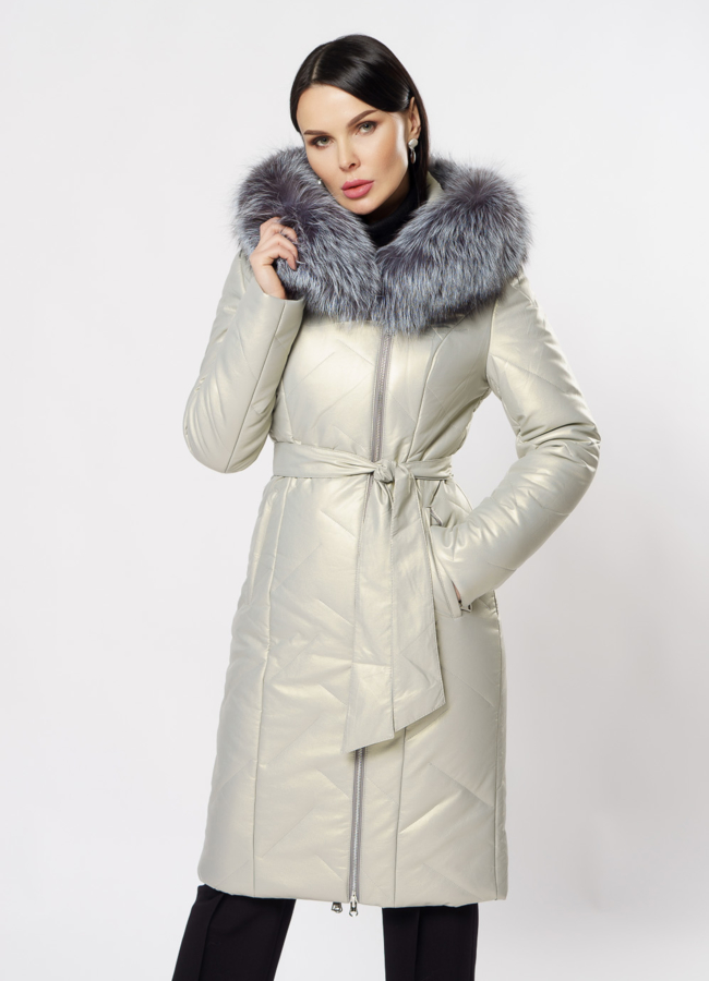 Удлиненный пуховик из эко кожи с чернобуркой модель № 19347 универмаг малина