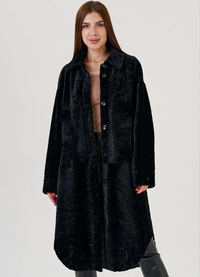 Двухсторонняя женская дубленка черного цвета  модель № 23357 универмаг малина
