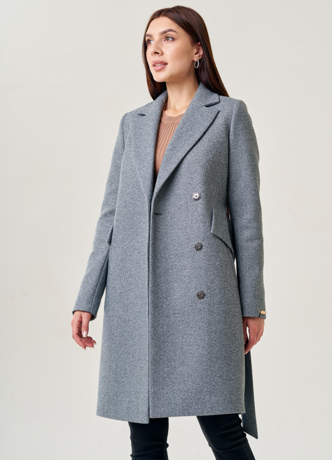 Женское пальто серого цвета с поясом модель № 75566 универмаг малина