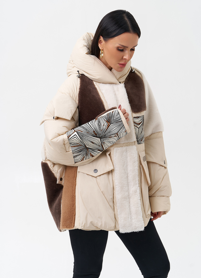 Комбинированный женский пуховик с капюшоном модель № 28376 универмаг малина