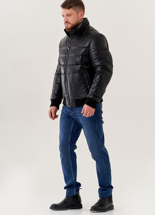 Мужская куртка из натуральной кожи черного цвета  модель № 79017 в кредит