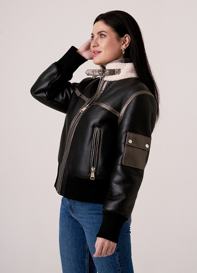 Укороченная черная дубленка пилот модель № 2051 в кредит