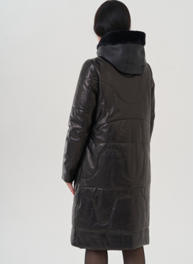 Пуховик из натуральной кожи на молнии с капюшоном