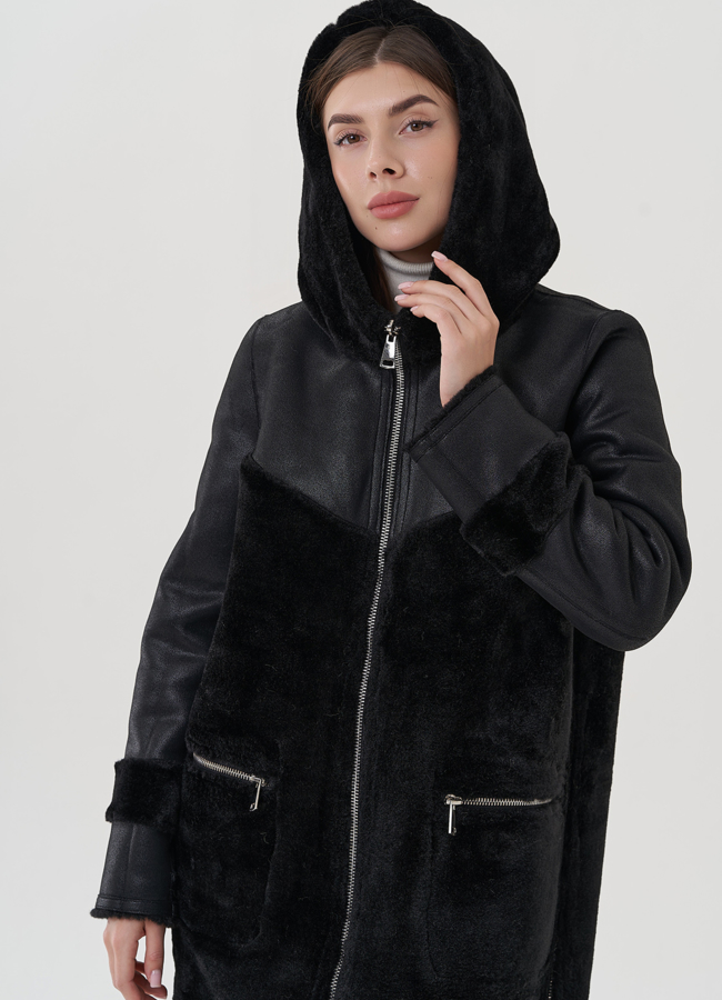 Двухсторонняя женская эко дубленка черного цвета модель № 25402 универмаг малина