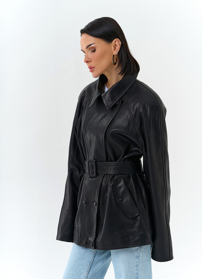 Женская куртка из натуральной кожи  с поясом модель №  универмаг малина