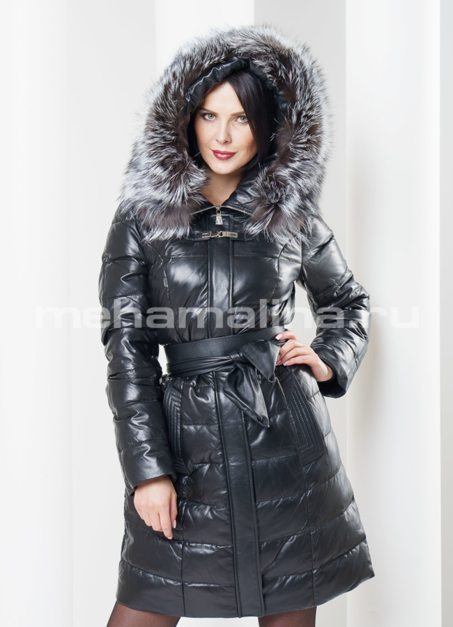 Пуховик кожаный, отделка чернобурка модель № П-37 универмаг малина