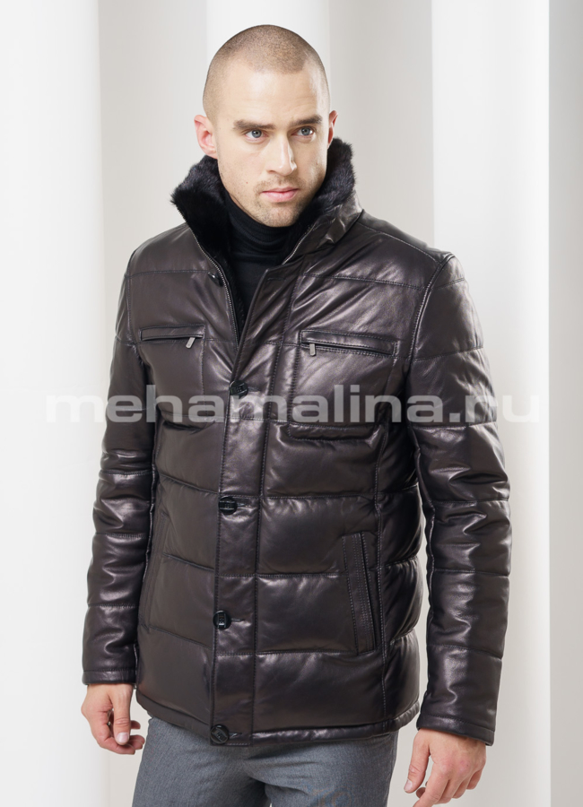 Кожаный пуховик с норкой  модель № ПМ-60 меха малина