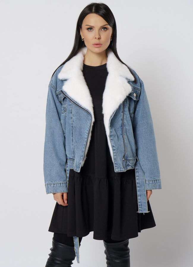 Утепленная джинсовая куртка с отделкой из норки модель № 21831 меха малина