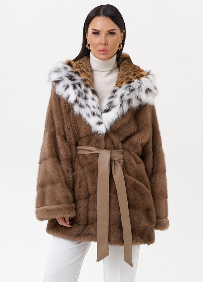 Короткая шуба из норки с рысью модель № 29523 универмаг малина