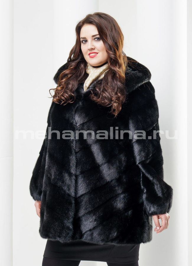 Шуба из норки черного цвета модель № S-398 меха малина