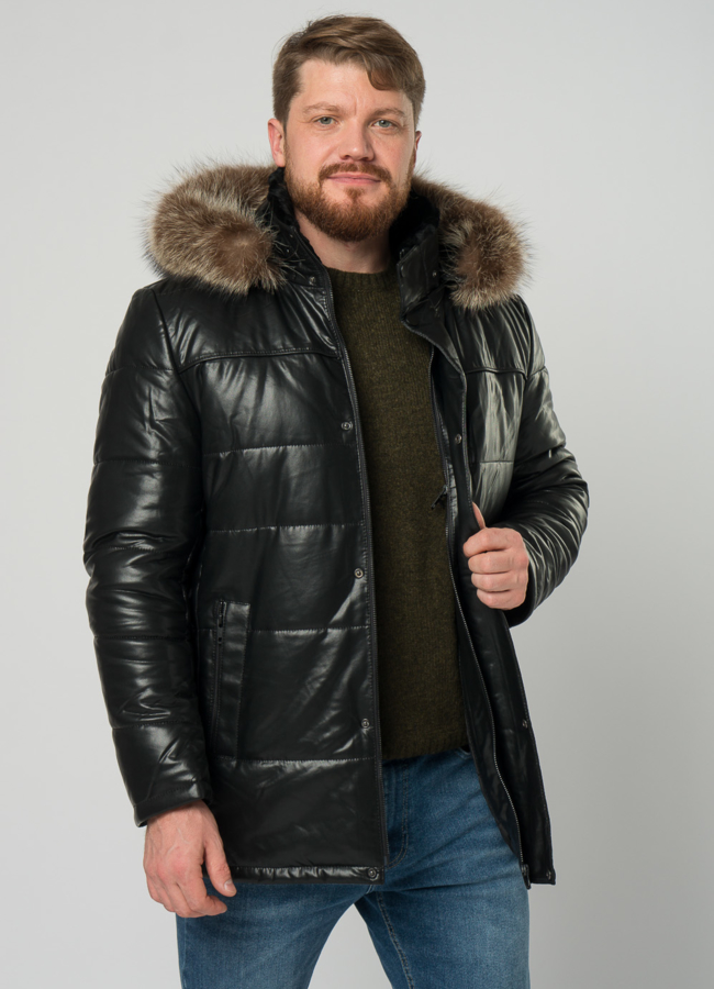 Мужской пуховик из эко кожи с капюшоном и отделкой из енота модель № 21967 универмаг малина