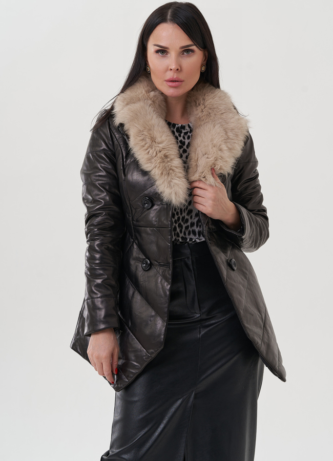 Кожаная куртка на пуговицах с английским воротником, отделка песец модель № 17811 универмаг малина Кожаная куртка на пуговицах с английским воротником, отделка песец модель № 17811 универмаг малина