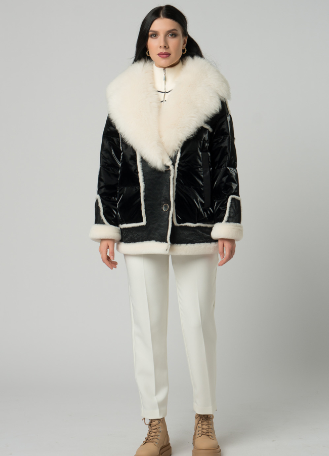 фото Женский пуховик с отделкой из овчины модель № 21865