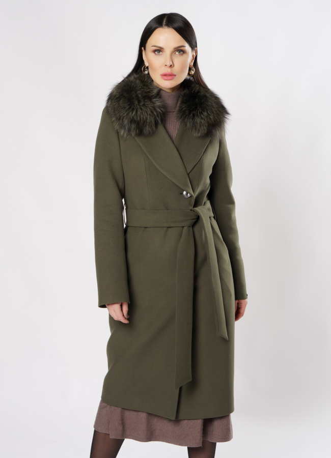Английское пальто цвета хаки  модель № 19121 меха малина