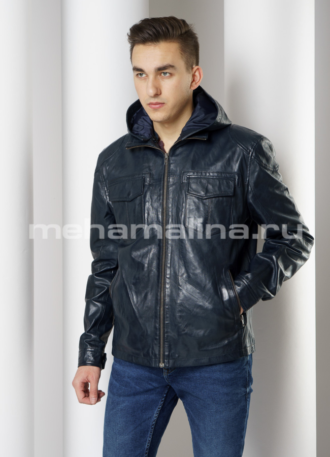 Кожаная куртка с капюшоном синего цвета модель № 001 меха малина