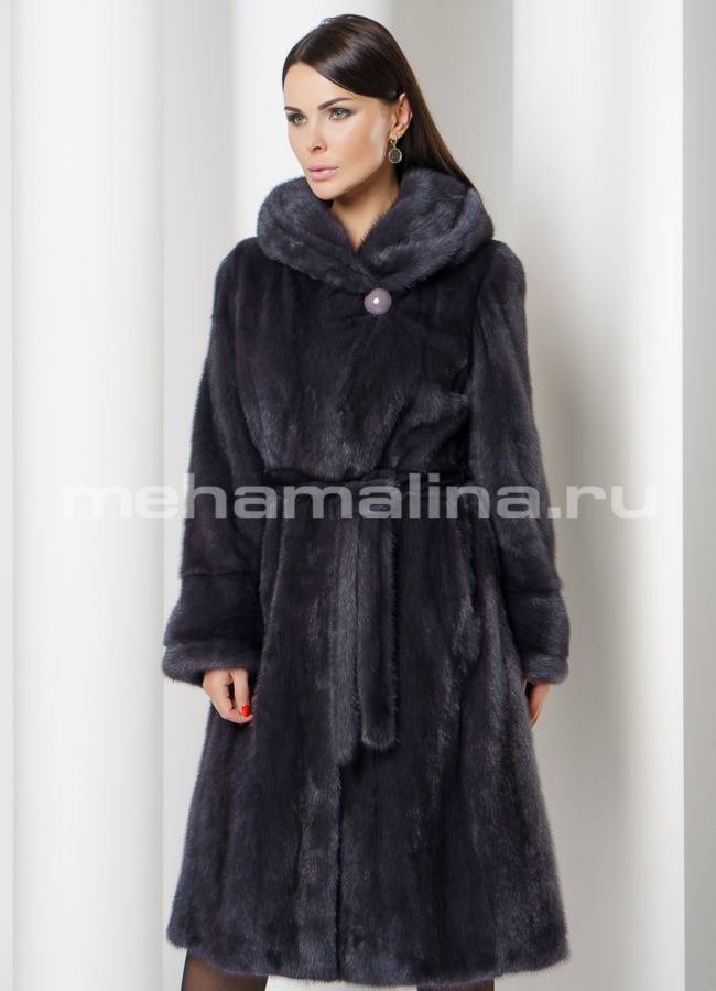 Норковая шуба годе с капюшоном цвет графит модель № S-727 универмаг малина