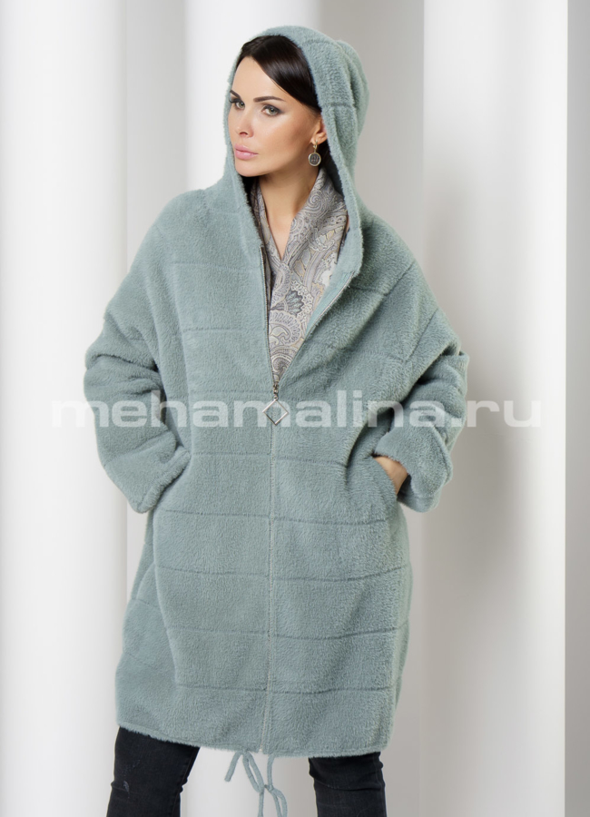 Пальто из микроворса с капюшоном на молнии модель № 1878 универмаг малина