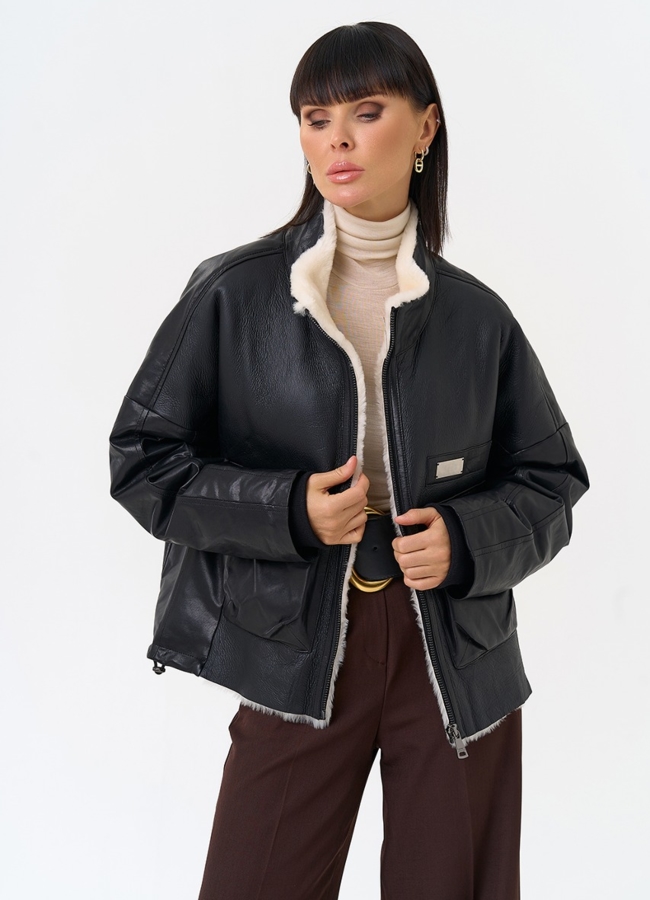 Женский пуховик из натуральной кожи с отделкой из овчины модель № 28577 универмаг малина