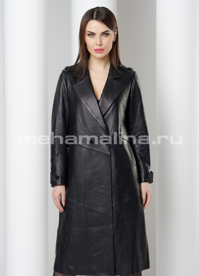 Плащ кожаный модель № K-433 меха малина