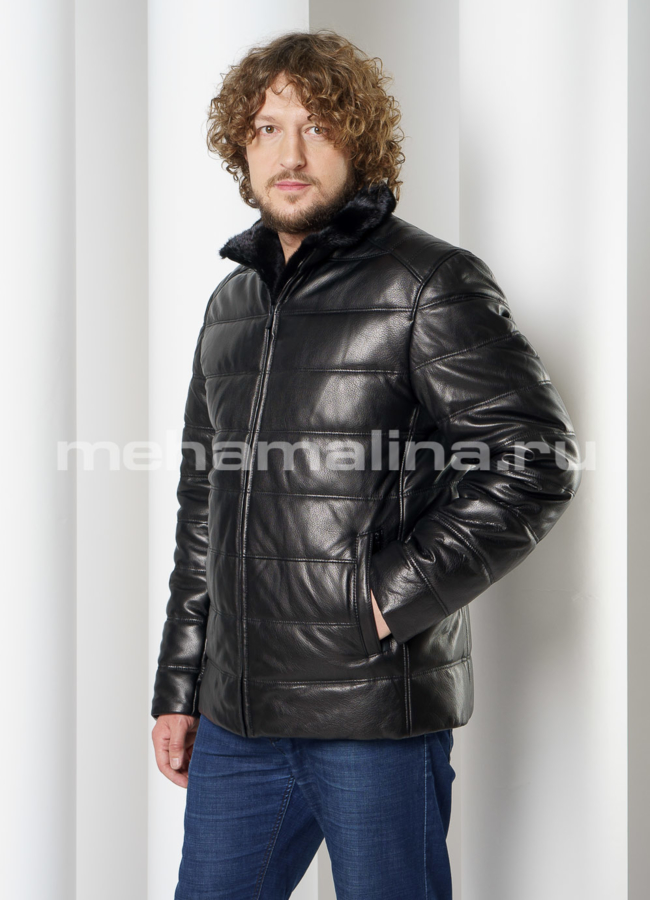 Пуховик из натуральной кожи, со стойкой, на молнии модель № KP-235 в рассрочку