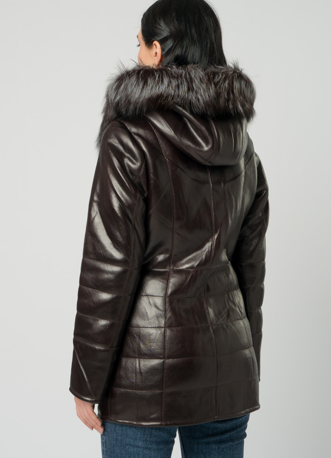 Дубленка из эко кожи коричневого цвета с капюшоном модель № 12464 в рассрочку