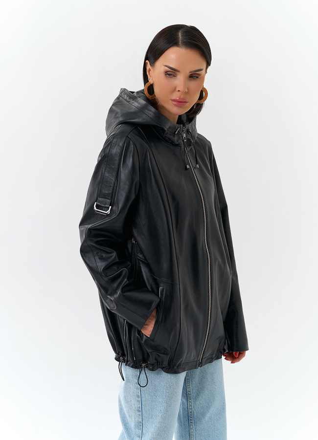 Женская куртка из натуральной кожи с капюшоном модель №  универмаг малина