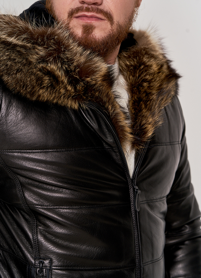 Мужской пуховик из натуральной кожи с мехом модель № П-503 в рассрочку