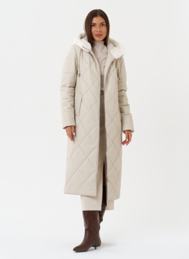 Женский стеганый пуховик из эко кожи с капюшоном