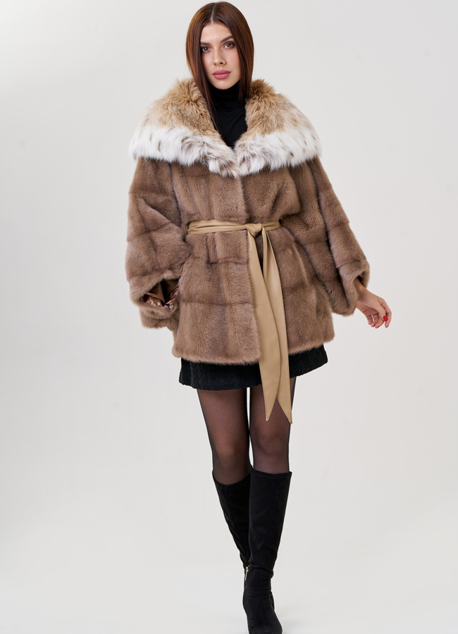 фото Норковая шуба в цвете пастель с рысью модель № 23306