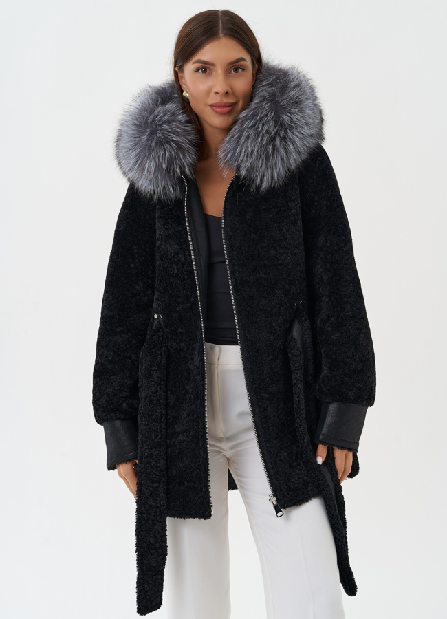 Двухсторонняя дубленка из эко кожи с капюшоном модель № 27772 универмаг малина