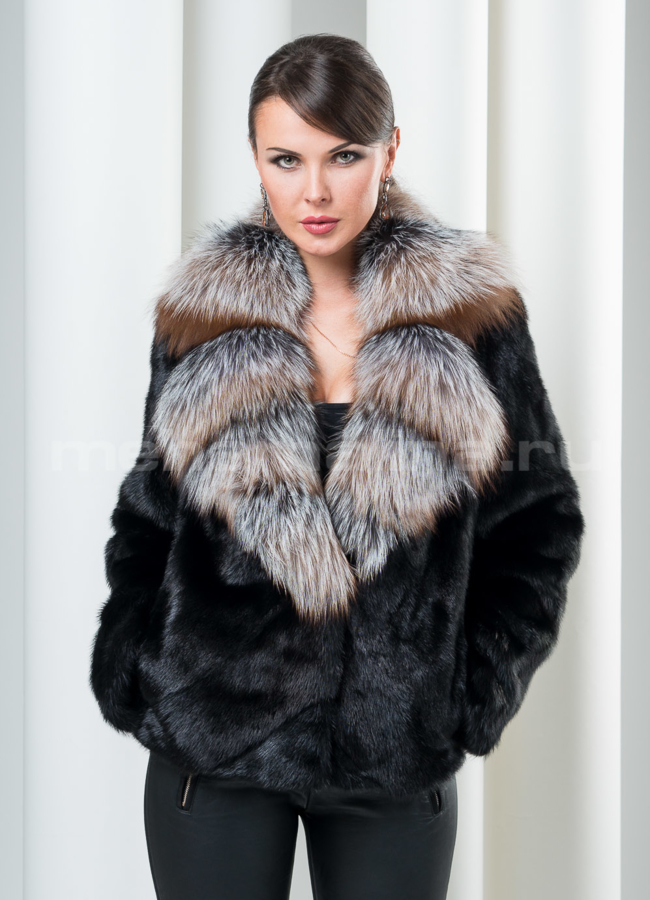 Шуба норка с воротником из чернобурки модель № S-104 меха малина
