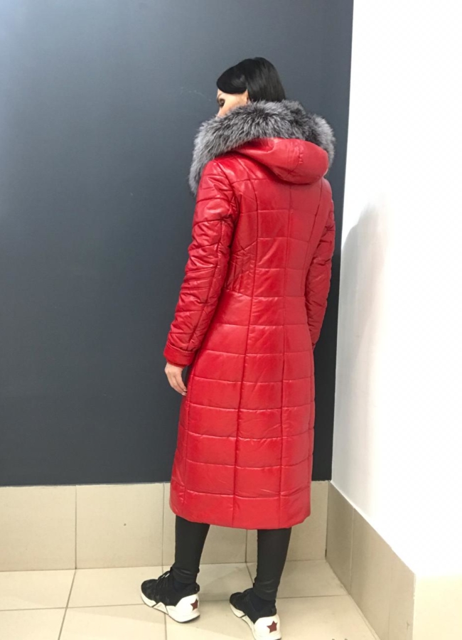 фото Пуховик из эко кожи на молнии с капюшоном модель № 976