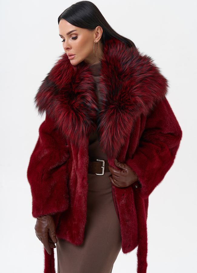 Бордовая шуба из норки модель № 29261 универмаг малина