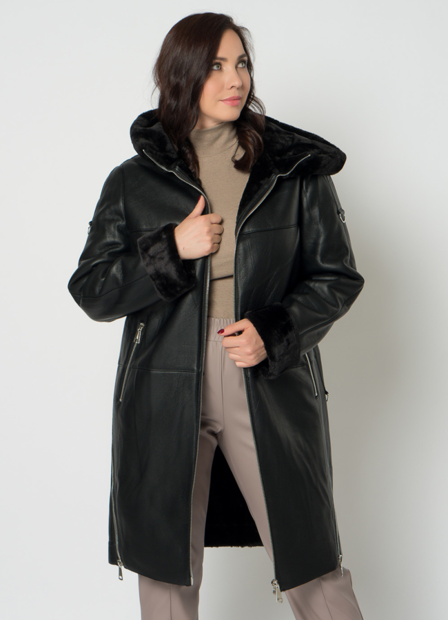 Удлиненная эко дубленка черного цвета на молнии модель № 74538 универмаг малина
