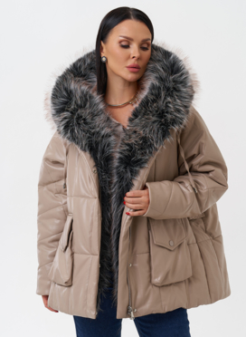 Пуховик из эко кожи с капюшоном из эко меха 