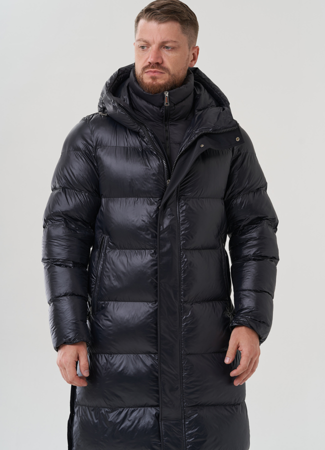 Пуховик мужской черного цвета с капюшоном  модель № 82442 универмаг малина