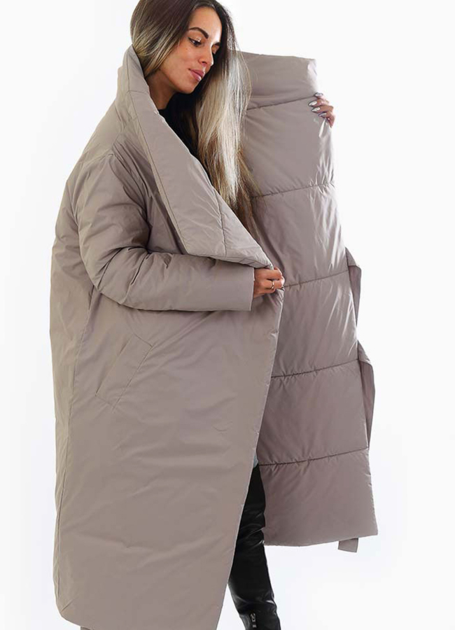 Пуховик-одеяло с поясом модель № П-227 меха малина