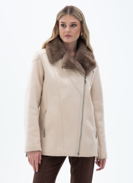 Женская дубленка из эко кожи с отделкой из эко меха