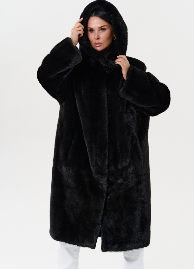 Женская шуба из меха норки с капюшоном модель № 27546 универмаг малина