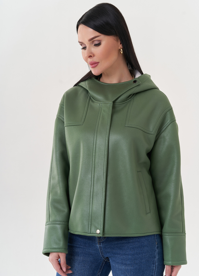 Дубленка из эко замши с капюшоном модель № 26864 меха малина