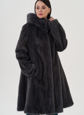 Норковая шуба годе/балетка в роспуск с капюшоном цвета графит