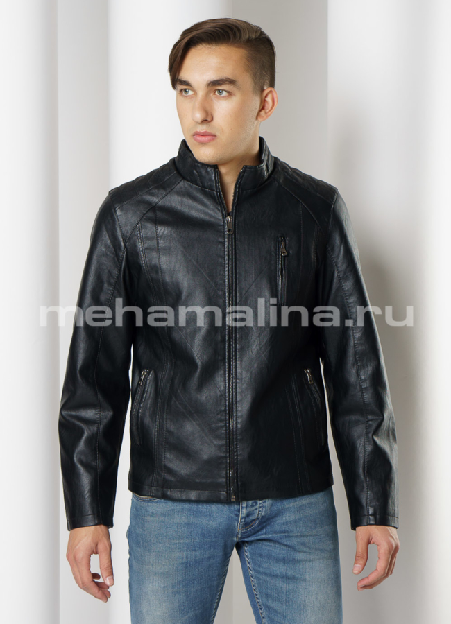 Куртка из эко кожи черного цвета на молнии модель № 618 меха малина