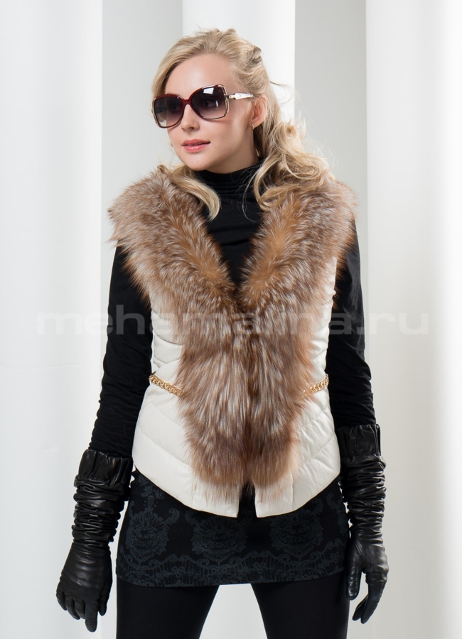 Кожаный жилет с лисой модель № M-21 меха малина