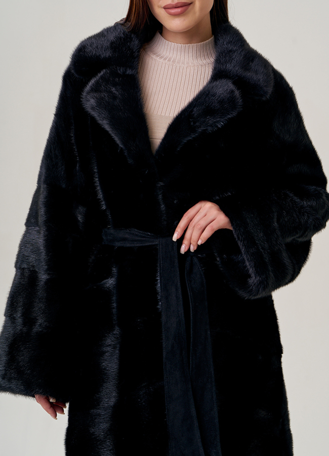 Длинная шуба из норки с английским воротником модель № 2201 в рассрочку