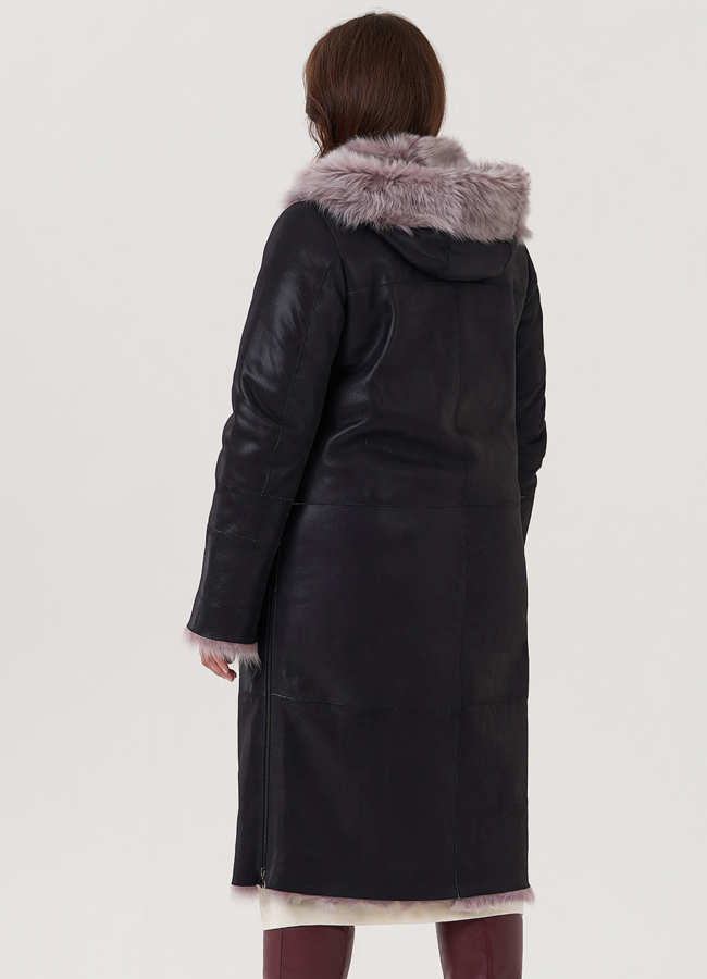 Женская дубленка с капюшоном  модель № 25771 универмаг малина