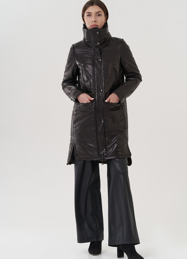 фото Кожаный пуховик с воротником на молнии и кнопках  модель № 19919